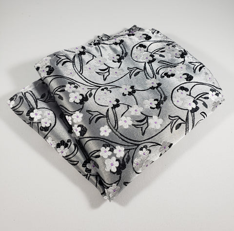 Gray with Black & White Flower Pocket Square