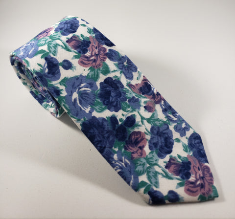 White with Blue & Purple Floral Skinny Necktie