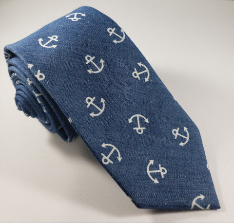 Blue & White Anchors Skinny Necktie