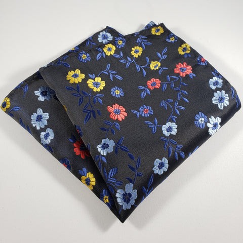 Navy with Blue, Yellow & Red Flower Pocket Square